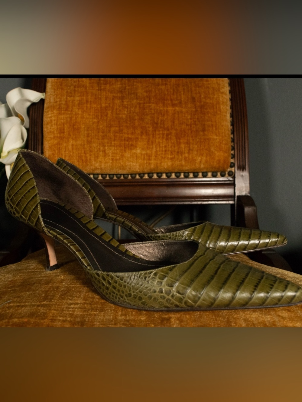 Size 9 Ann Taylor Olive Green Crocodile-Embossed Leather D'Orsay Heels